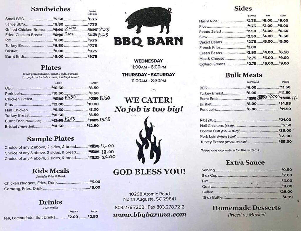 Paper menu for BBQ Barn with pig silhouette in middle and some prices scratched out and then new prices written in by hand