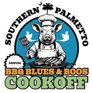 Pig standing at grill cooking ribs. Reads Southern Palmetto BBQ Blues and Boos Cookoff.