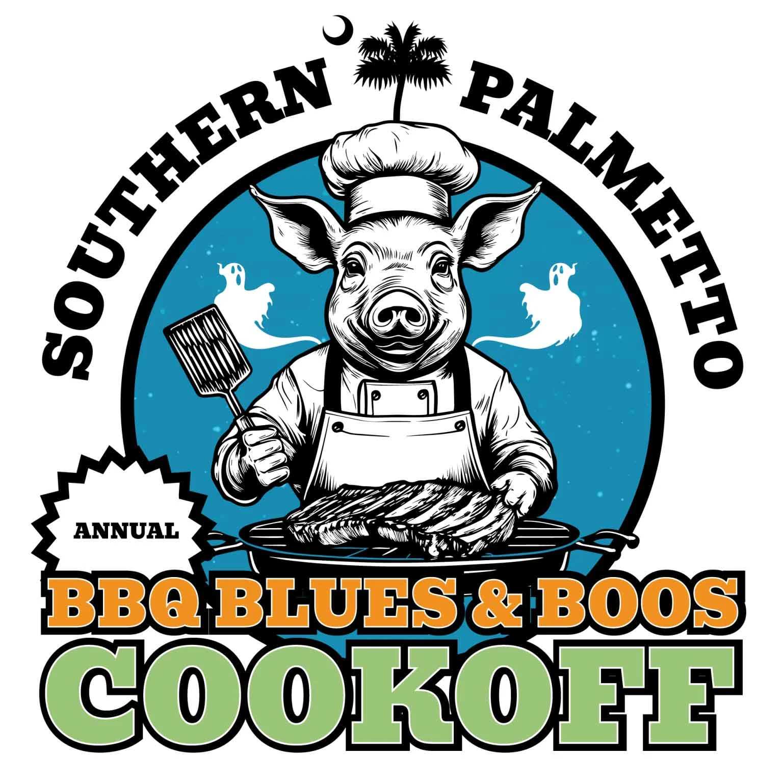 Pig standing at grill cooking ribs. Reads Southern Palmetto BBQ Blues and Boos Cookoff.