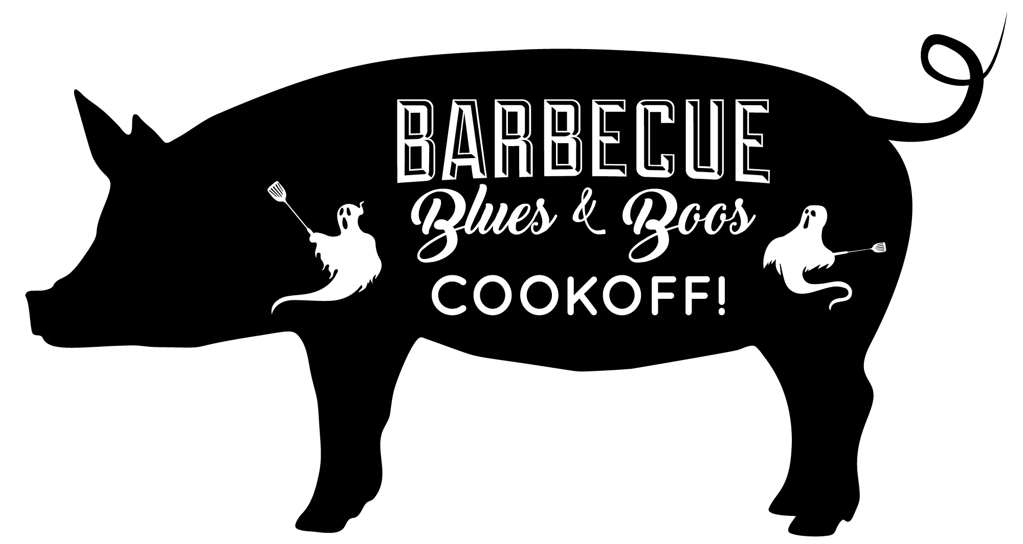 Pig silhouette with Barbecue, Blues, & Boos Cookoff written with white ghosts on either side of the words