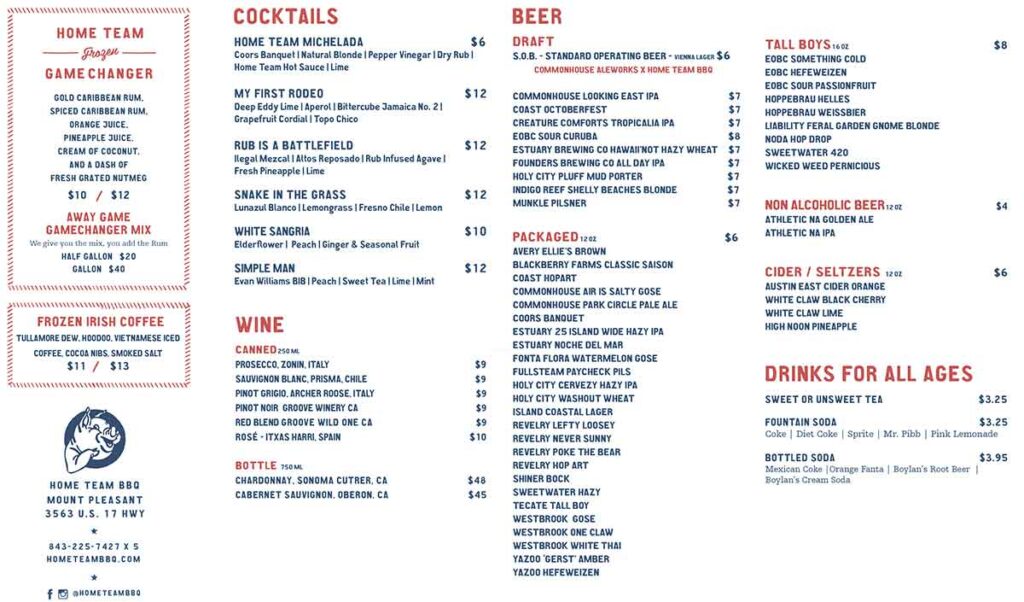 Home Team BBQ Mount Pleasant Drinks Menu