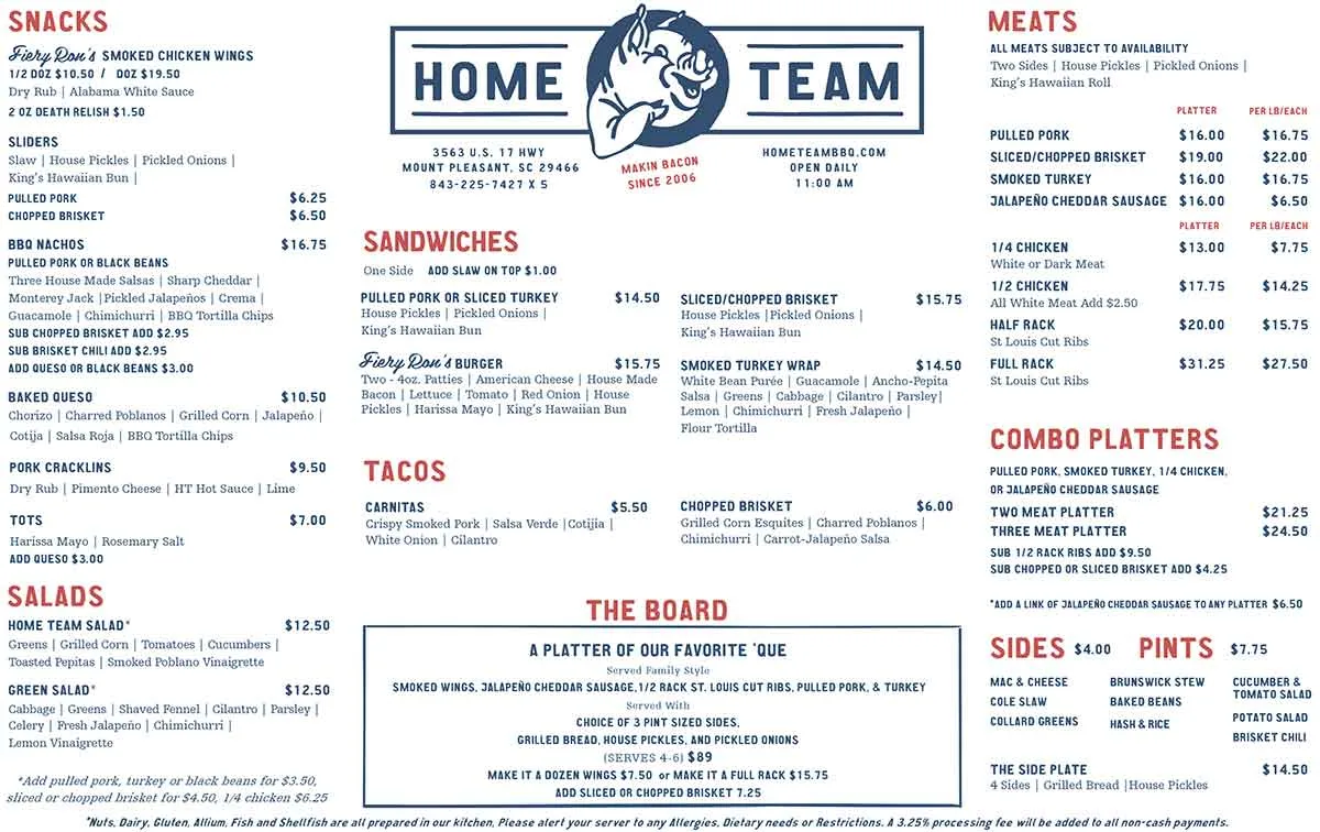 Home Team BBQ Mount Pleasant Food Menu