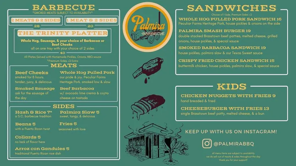 Menu for Palmira Barbecue in Charleston