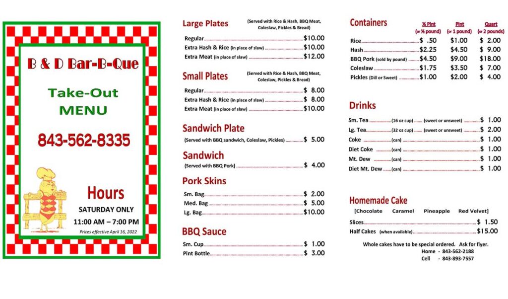 Menu for B&D Bar-B-Que in Smoaks