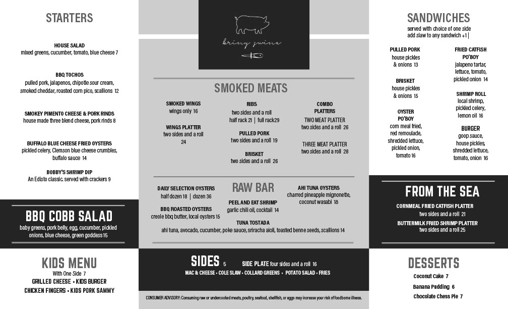 Dinner Menu for Briny Swine on Edisto