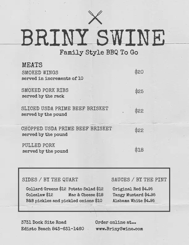Family-style to-go Menu for Briny Swine