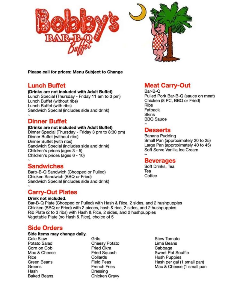 Menu for Bobby's BBQ Buffet in Warrenville, SC
