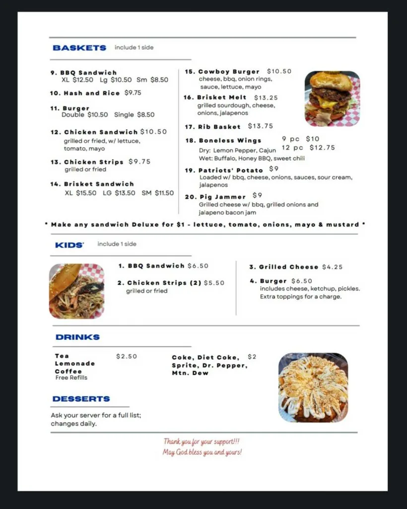 Back of menu for Patriots Smokehouse