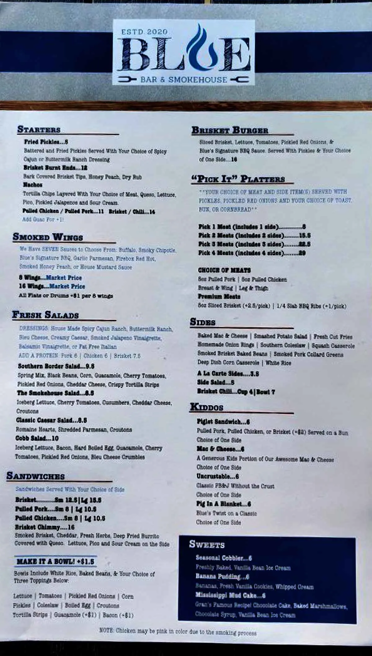 Menu for Blue Bar and Smokehouse in Fort Mill.