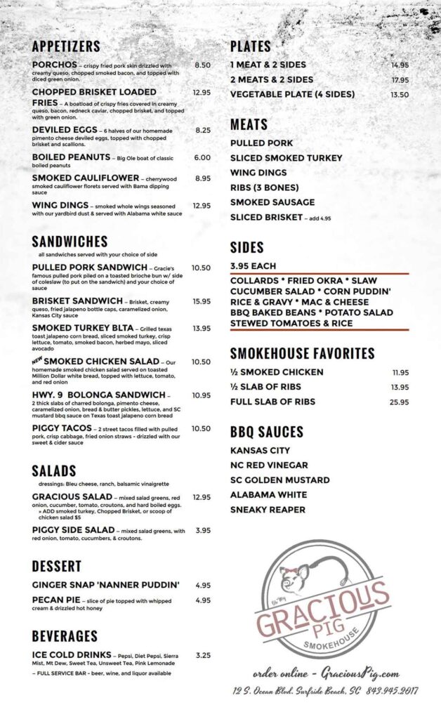 Menu for Gracious Pig Smokehouse in Surfside.