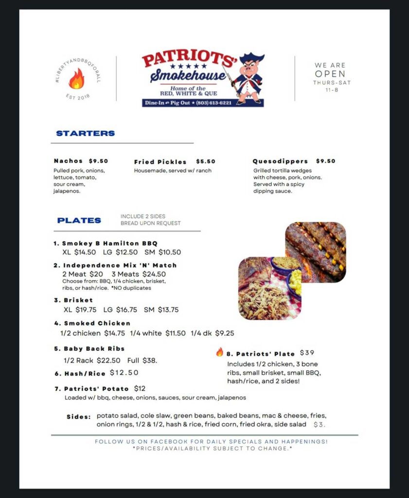 Front of menu for Patriots Smokehouse