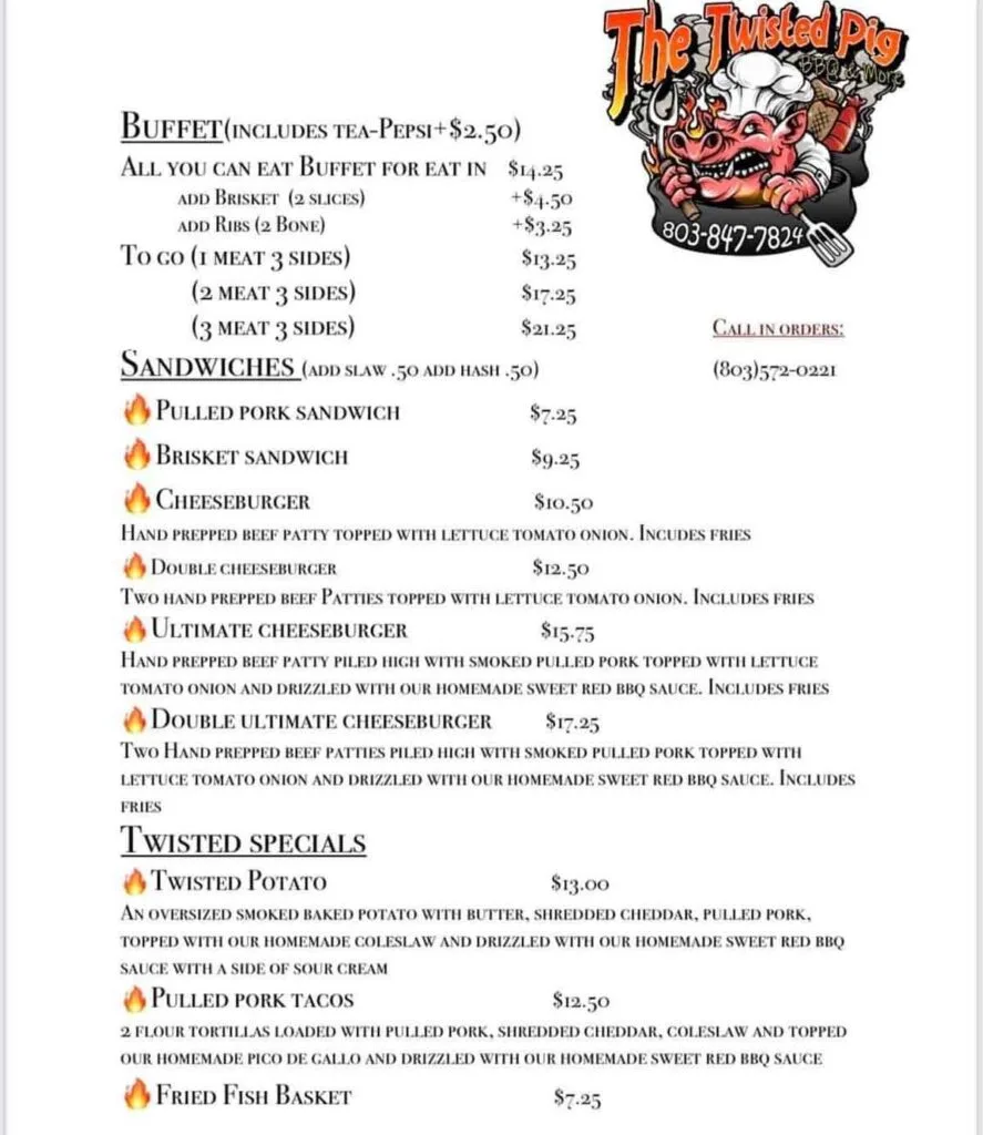 Menu 1 for Twisted Big BBQ in Lugoff