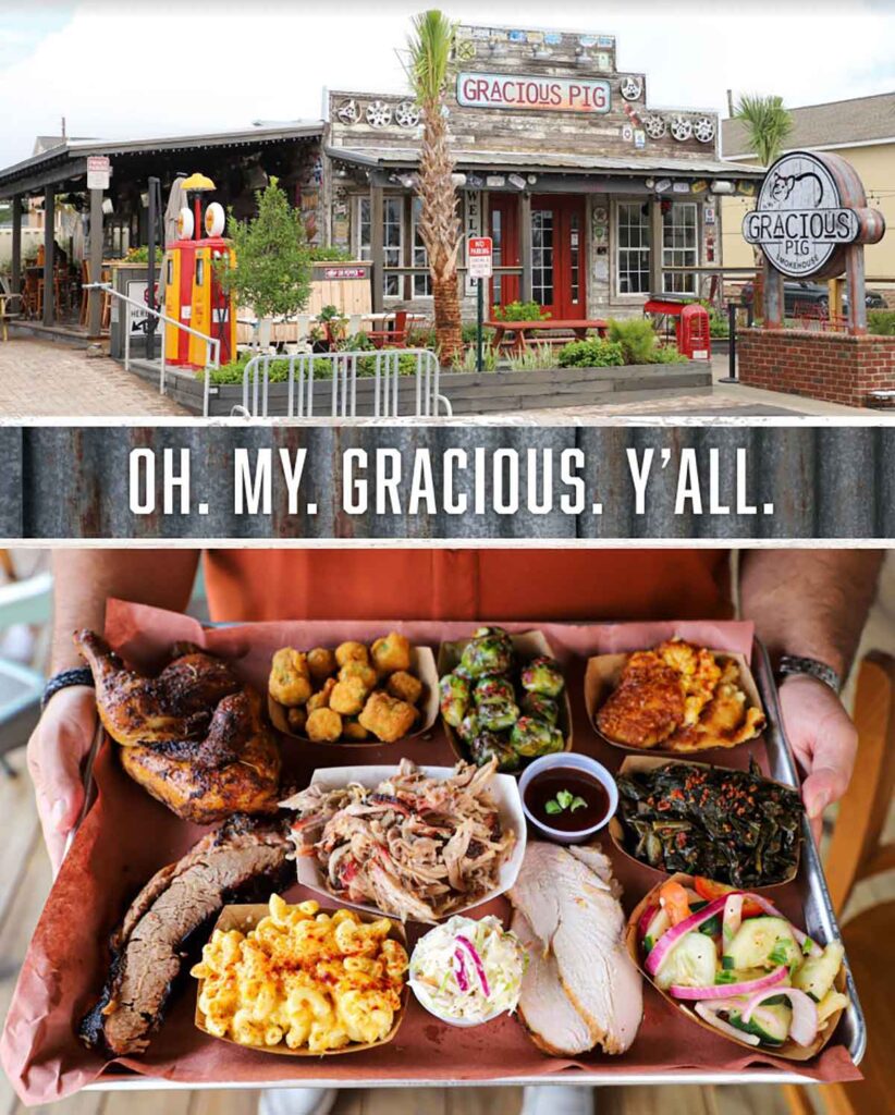 Split shot with exterior of Gracious Pig on top and a platter of BBQ meats and sides on bottom separated by the words Oh. My. Gracious. Y'All.