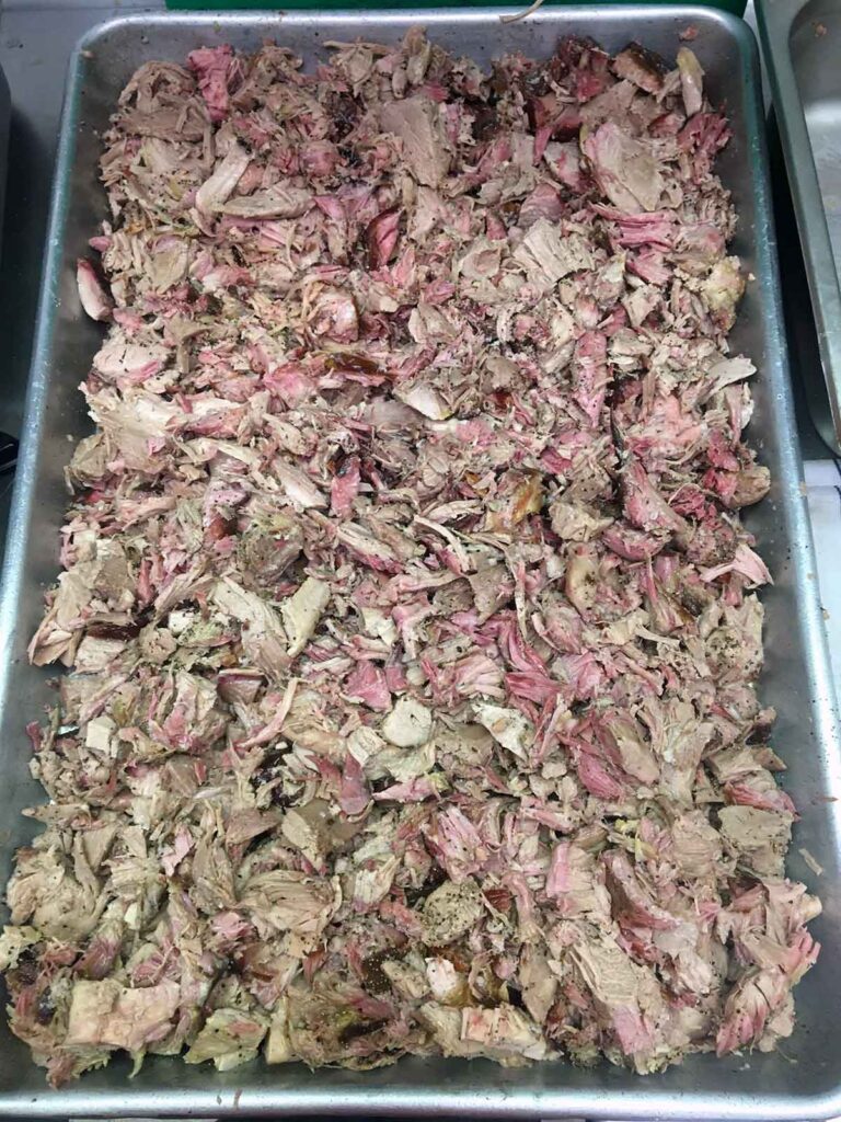 Pan of chopped pork barbecue.