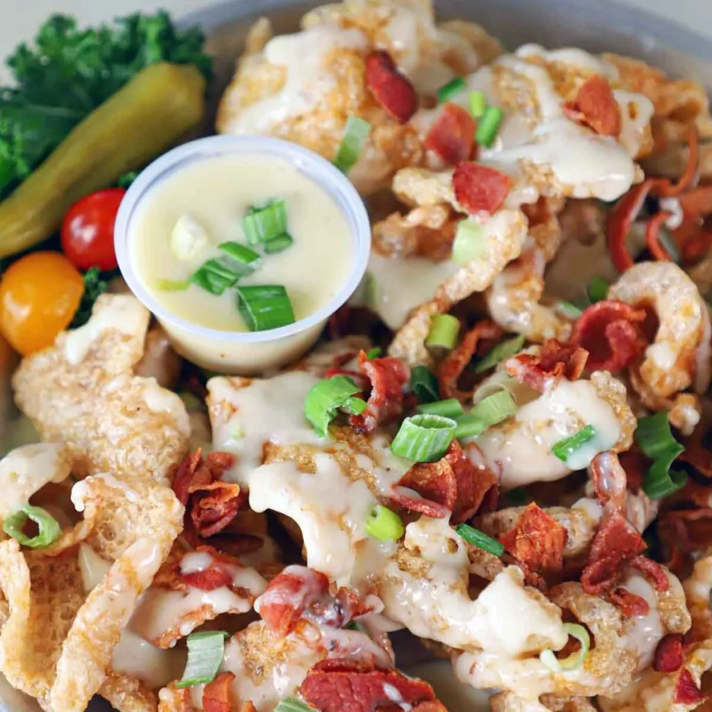 "Porchos" pork skin nachos.