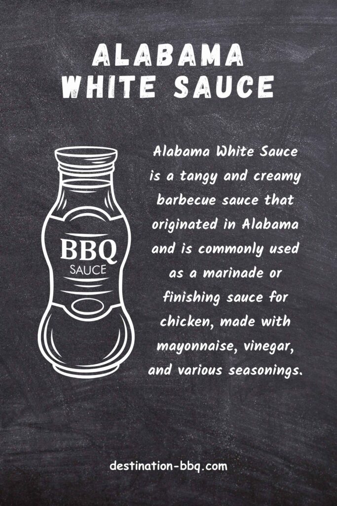Chalkboard design sketch for Alabama White Sauce (header) including a bottle of BBQ sauce and a sentence explaining what the sauce is.