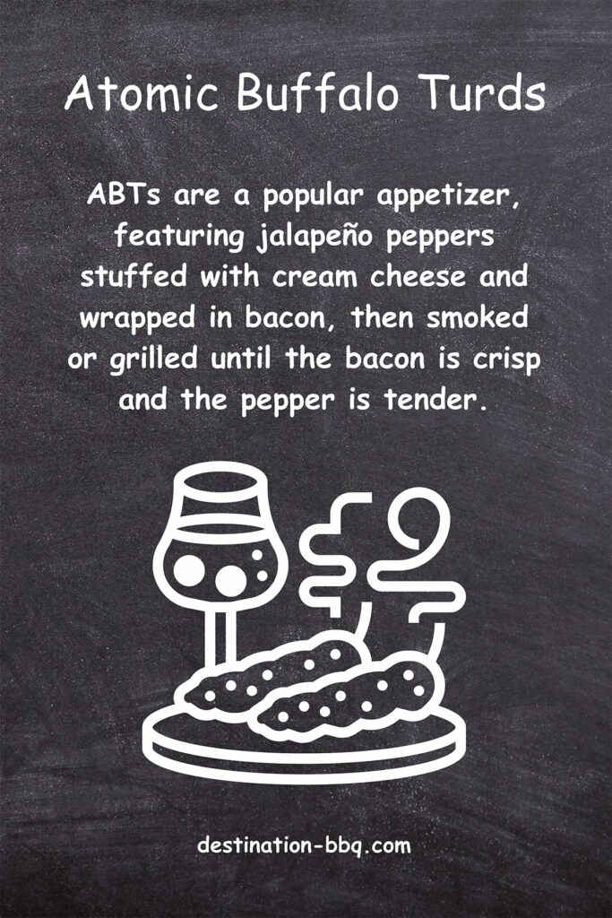 Chalkboard design for the term Atomic Buffalo Turds including a definition and a sketch of two ABTs on a platter with a drink in the background.