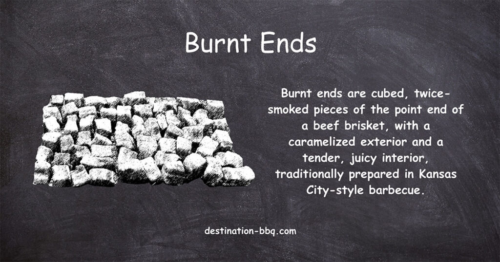 Chalkboard design for the term Burnt Ends including a definition and a sketch of a pile of cubed meat.