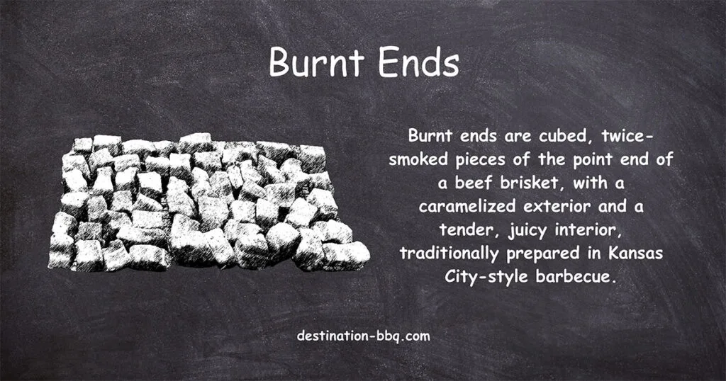 Chalkboard design for the term Burnt Ends including a definition and a sketch of a pile of cubed meat.