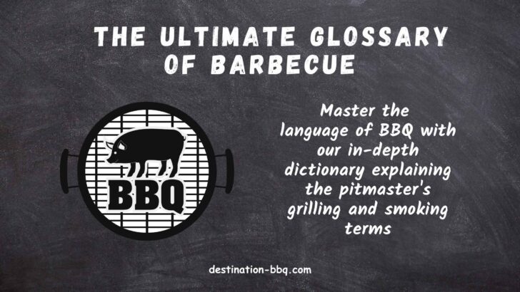 Ultimate Glossary of BBQ on chalkboard design sketch of a pig and BBQ in the grates of a kettle grill from overhead.