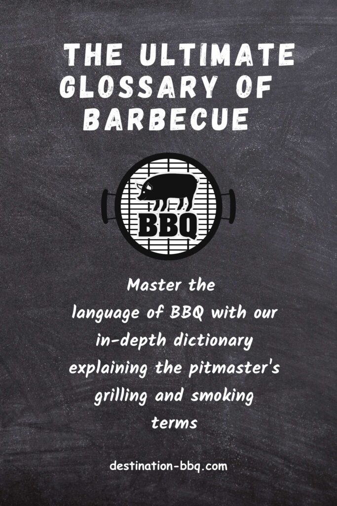 Ultimate Glossary of BBQ on chalkboard design sketch of a pig and BBQ in the grates of a kettle grill from overhead.