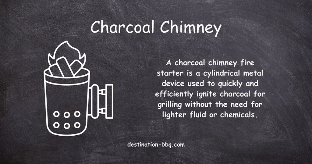 Chalkboard design for the term charcoal chimney including a definition and a sketch of a chimney starter with fire.