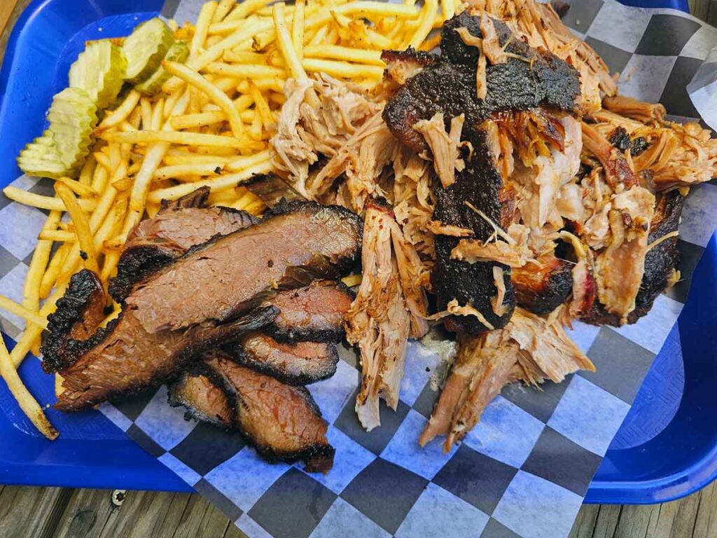 Pork, brisket, and fries.