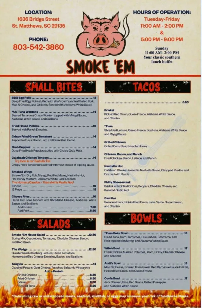 Menu 1 for Smoke 'Em Barbecue Joint in St. Matthews.