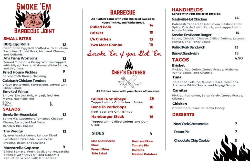 Menu for Smoke 'Em Barbecue Joint in St. Matthews.
