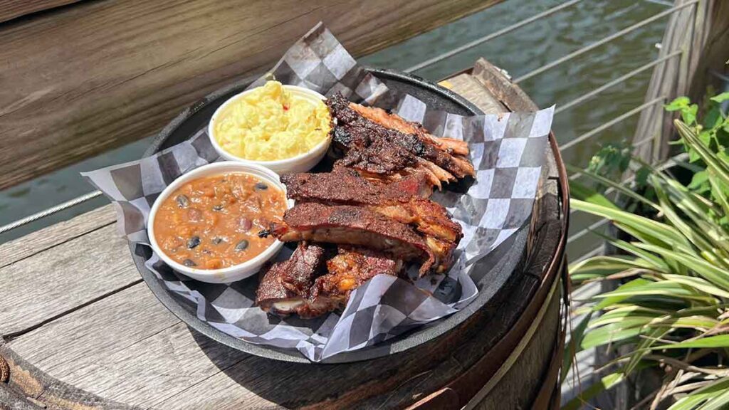 Rib basket with beans and Mac and cheese.
