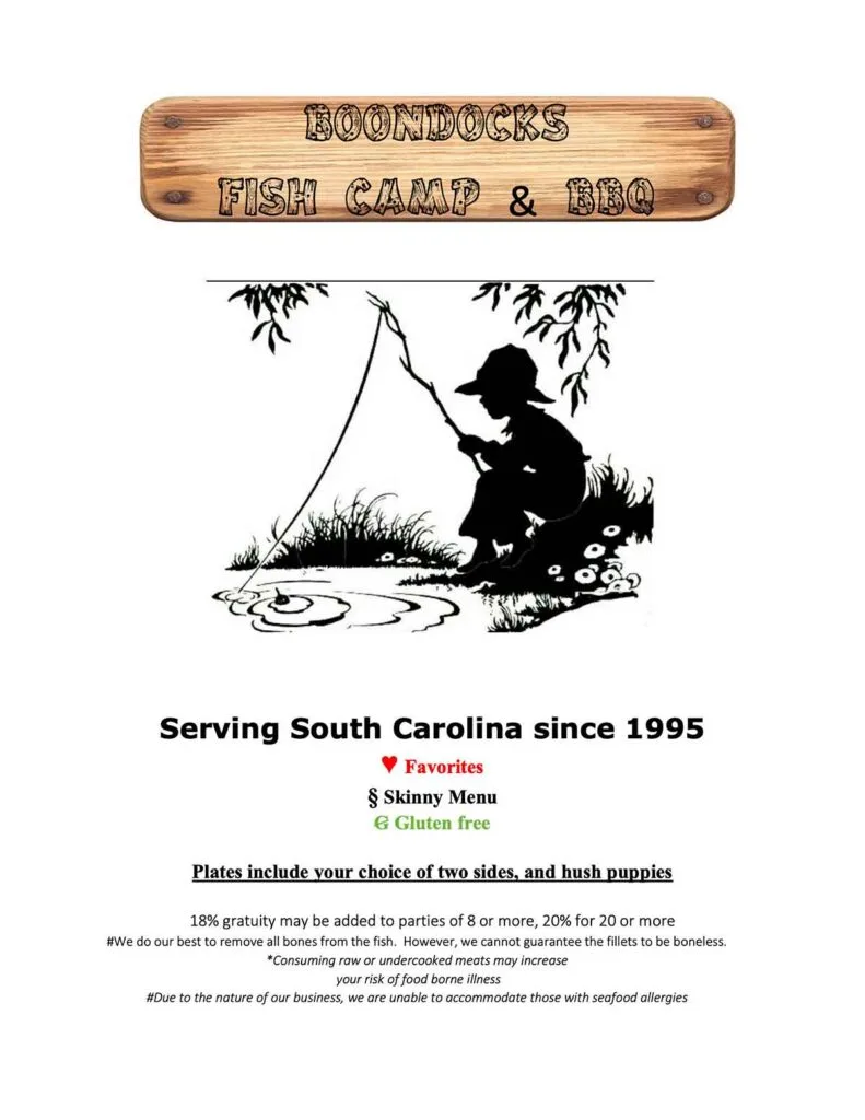 Front menu for Boondocks Fish Camp and BBQ featuring a silhouette of a boy fishing.