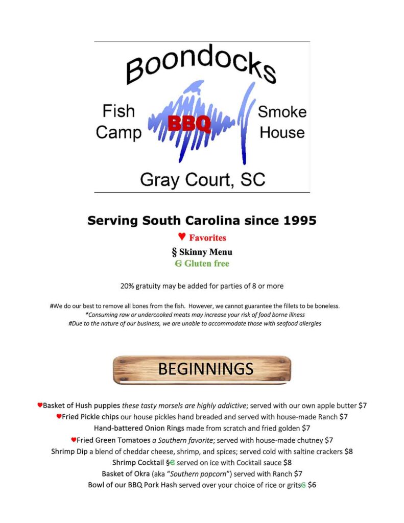 Front menu for Boondocks Fish Camp and Smoke House.