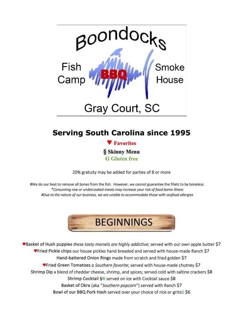 Front menu for Boondocks Fish Camp and Smoke House.