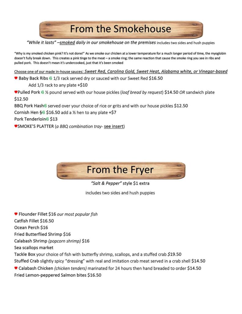 Second page of menu for Boondocks Fish Camp and Smoke House.