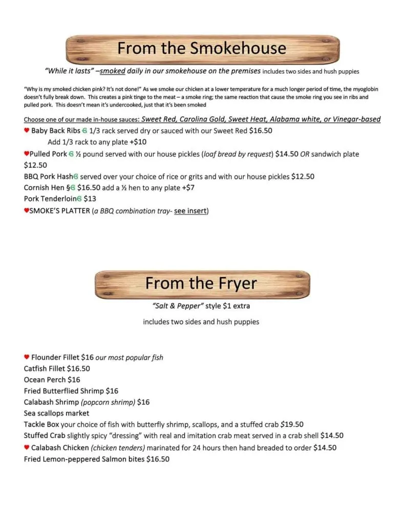 Second page of menu for Boondocks Fish Camp and Smoke House.