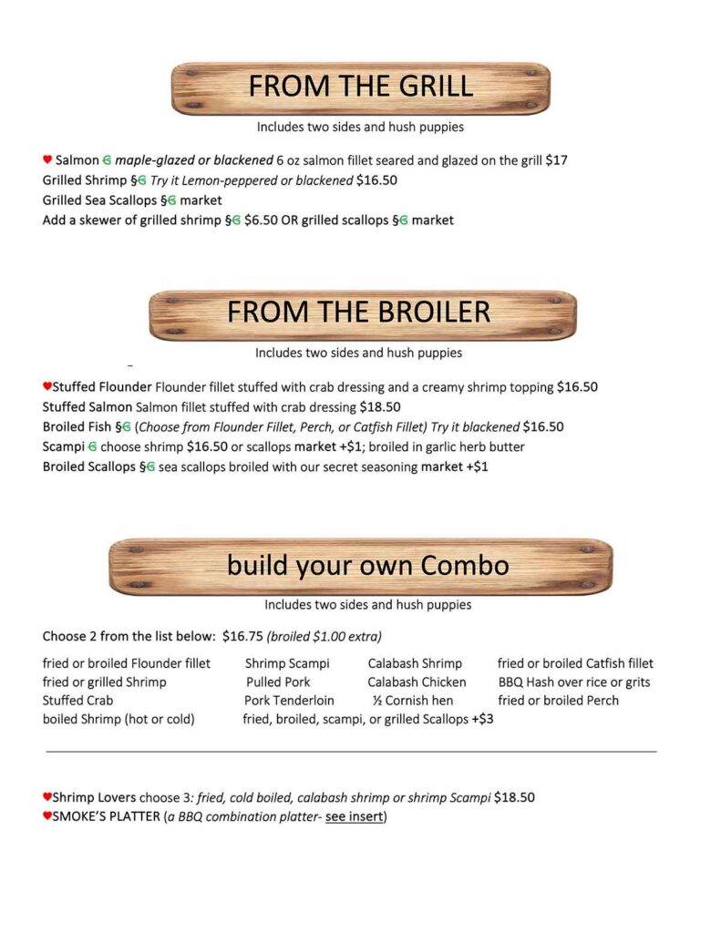 Third page of menu for Boondocks Fish Camp and Smoke House.