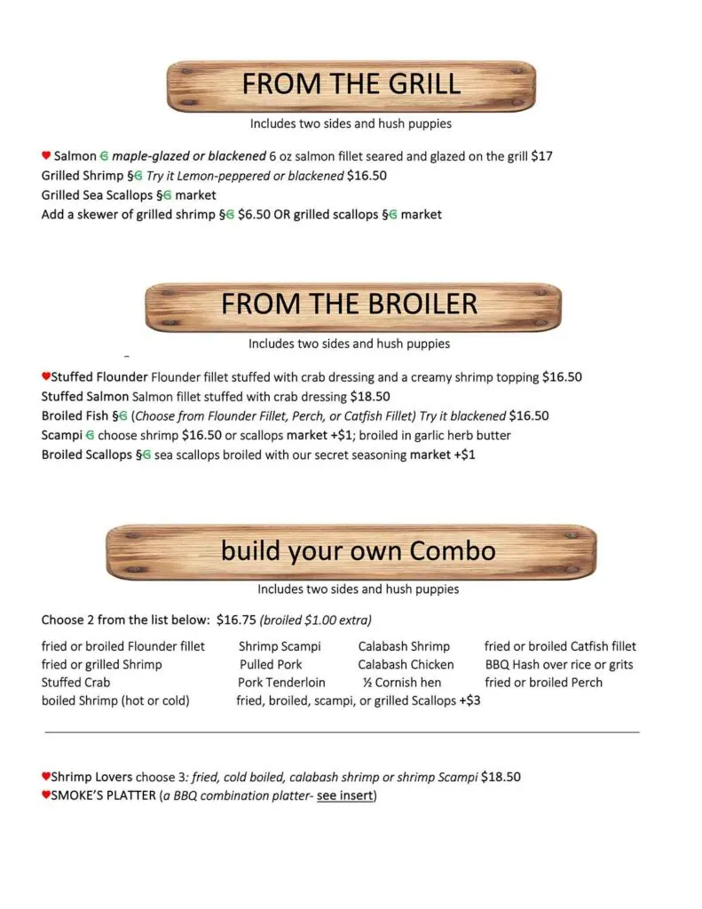 Third page of menu for Boondocks Fish Camp and Smoke House.