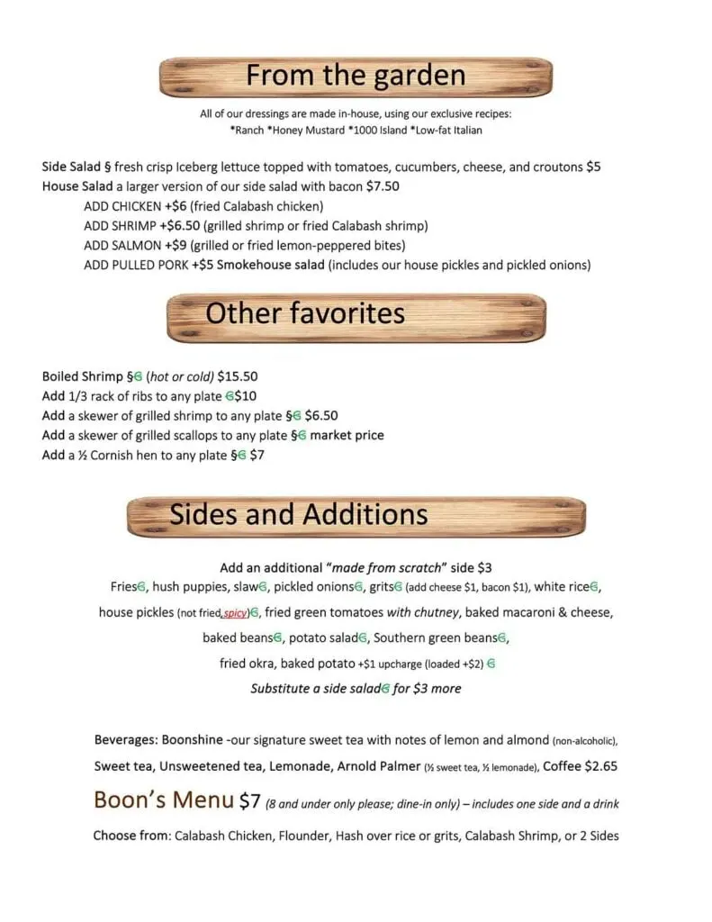 Fourth page of menu for Boondocks Fish Camp and Smoke House.