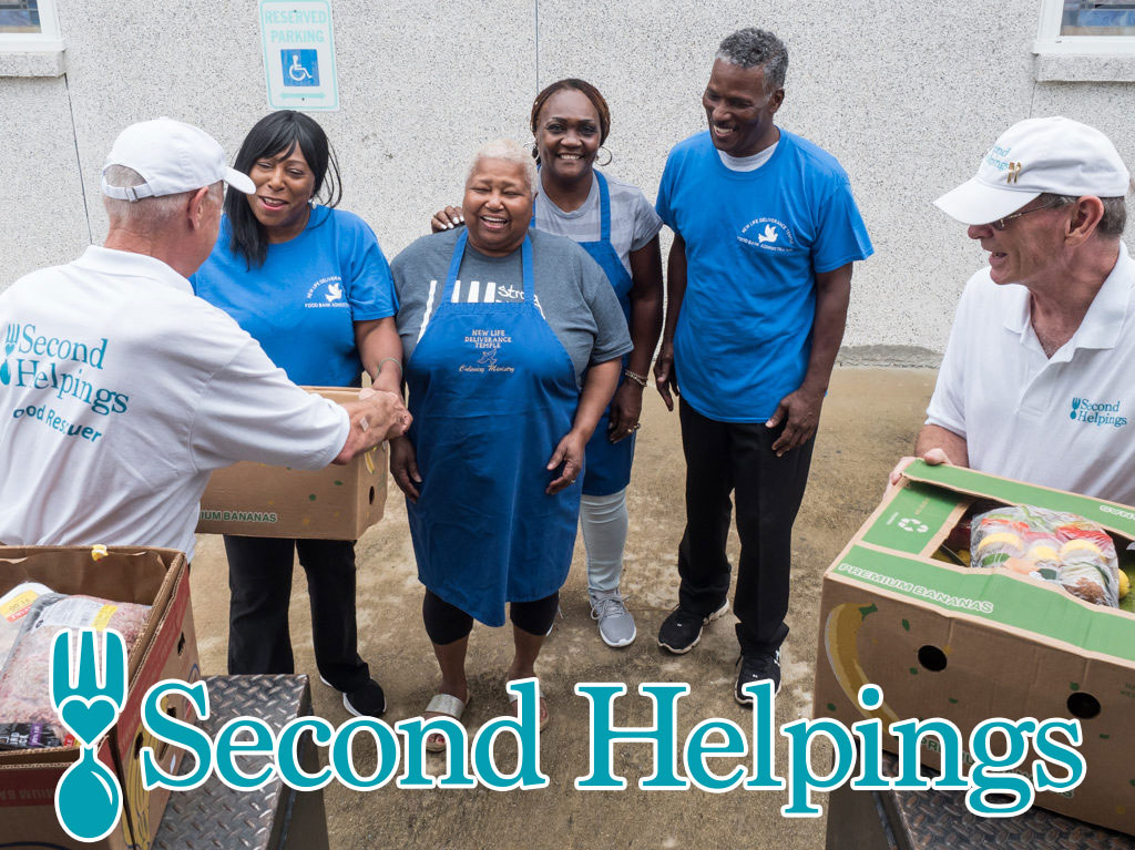 Graphic for Second Helpings featuring six people standing outside as food is provided in boxes to those in need.