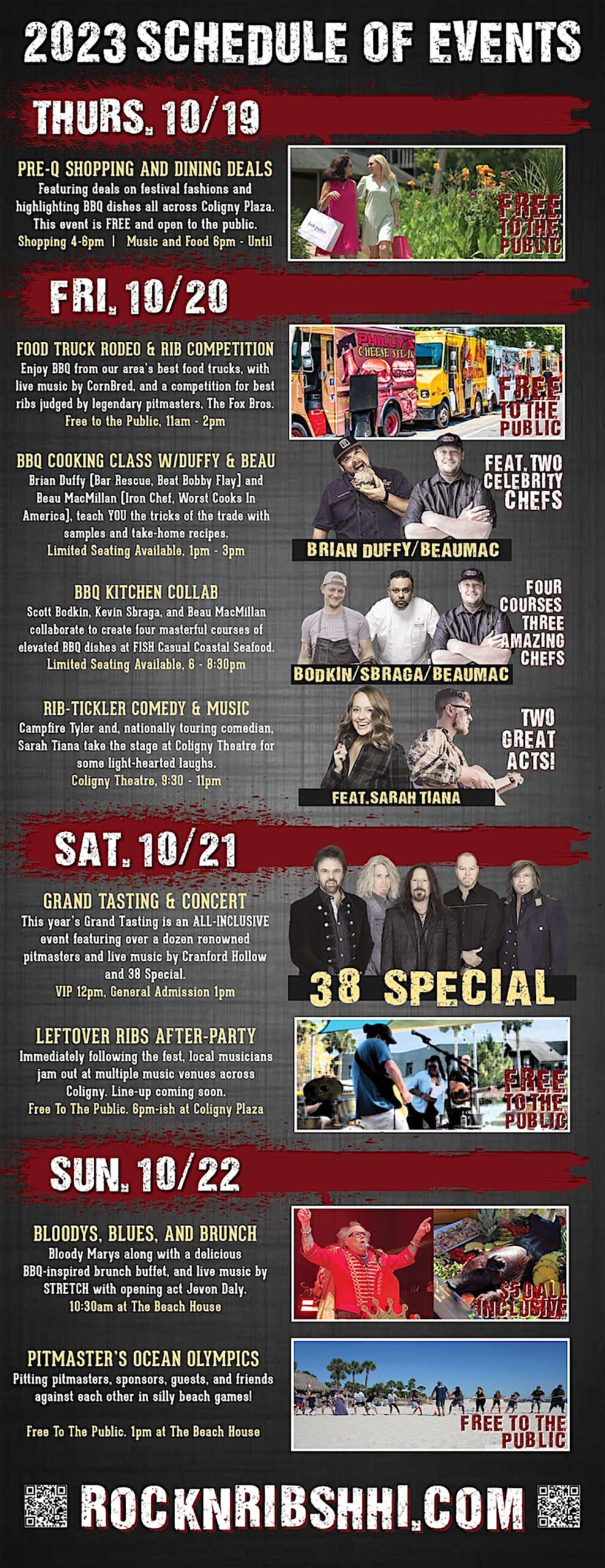Graphic showing the events for each day of the Rock N Ribs festival on Hilton Head, SC.