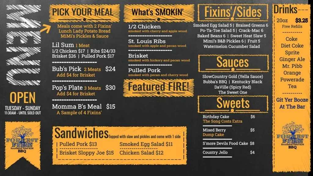 Menu for Forrest Fire BBQ on Hilton Head.