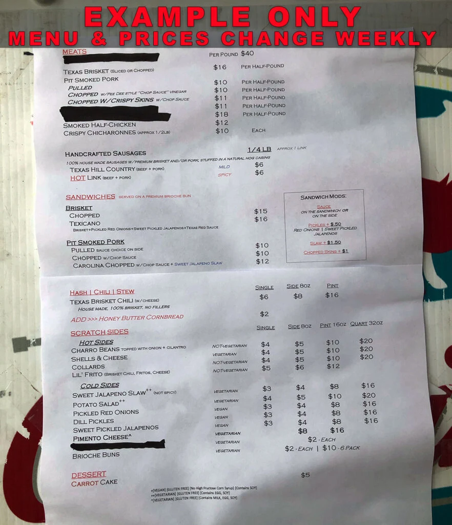 Example Menu for City Limits Barbecue.