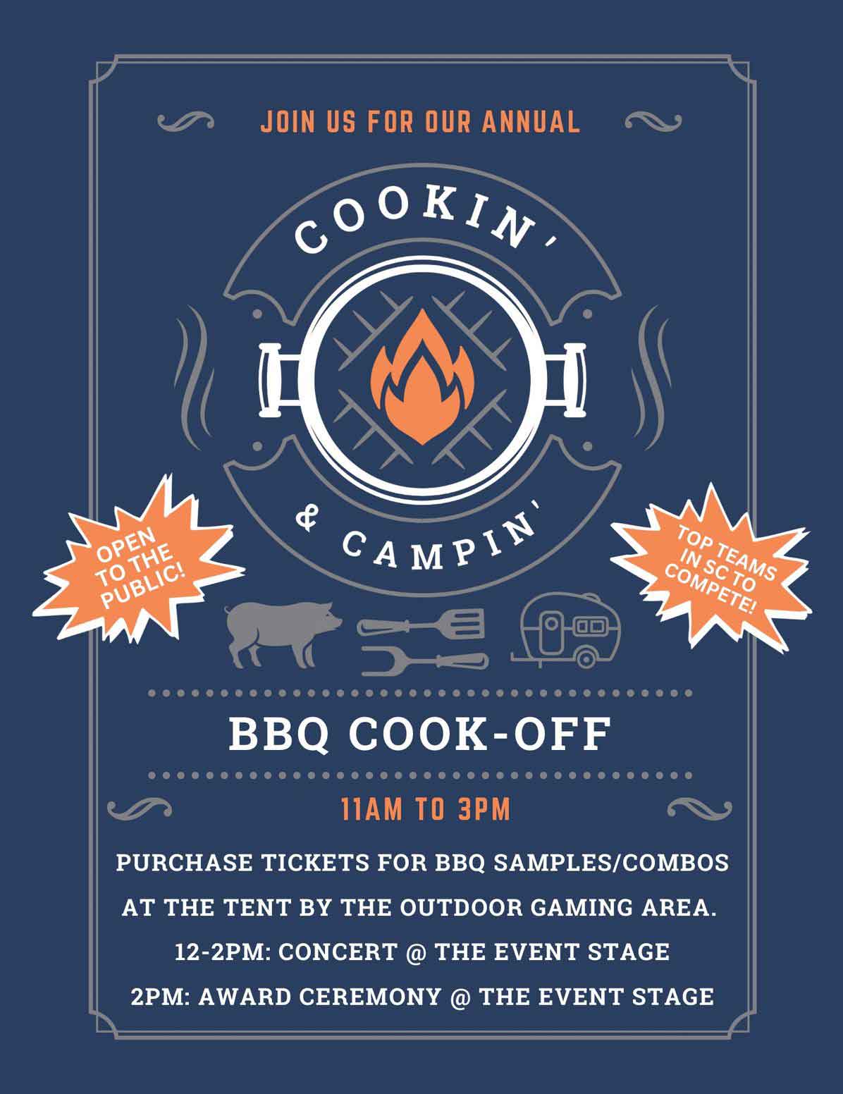 Logo for the Cookin' and Campin' BBQ cook-off event at Palmetto Shores RV Park near Summerton.