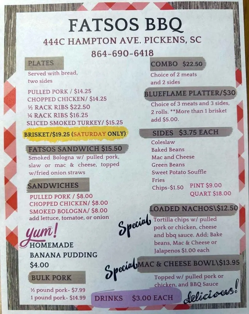 Menu for Fatso's BBQ in Pickens, SC.