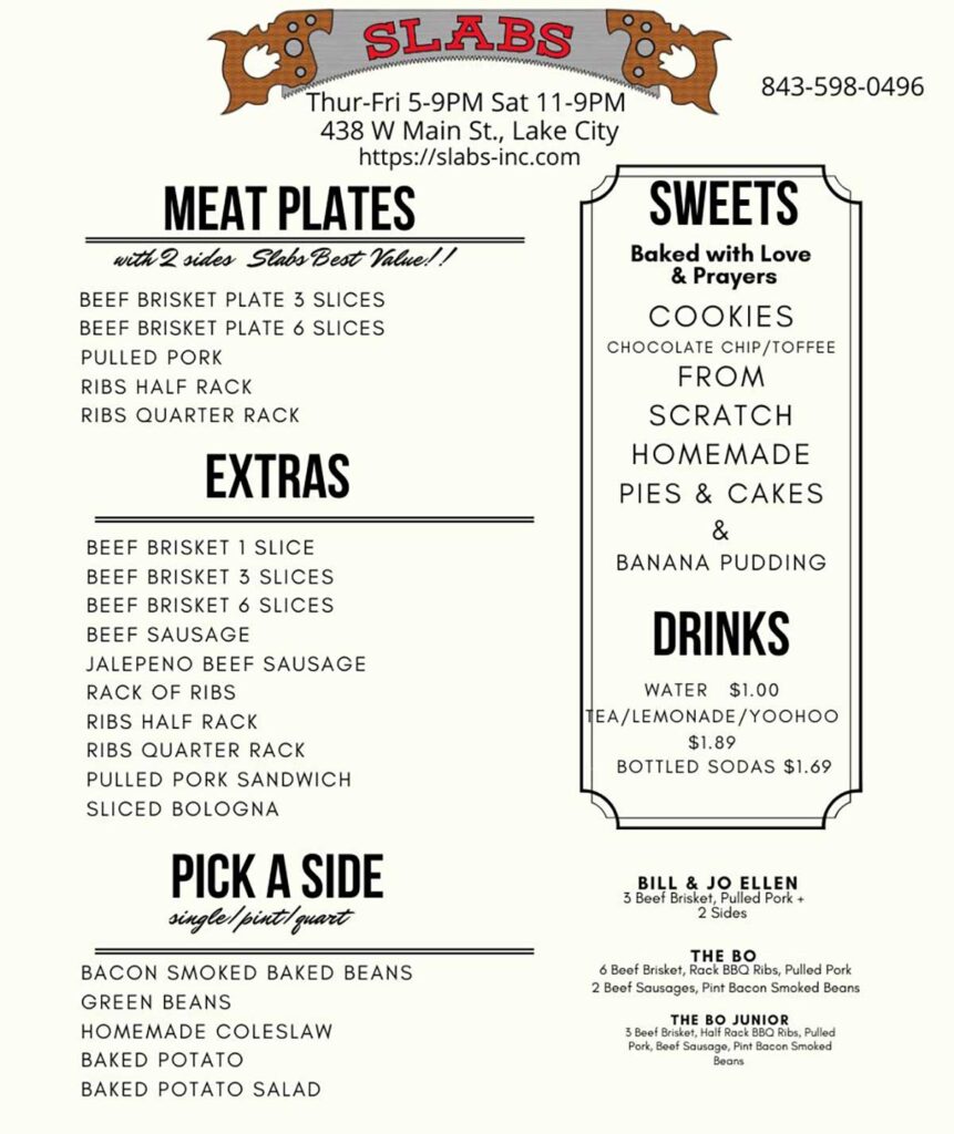Menu for Slabs BBQ in Lake City.
