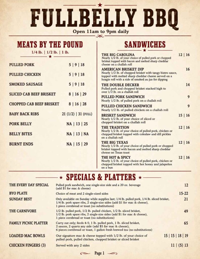 Vintage-style Fullbelly BBQ menu, page 1, with beige textured background and red headings. Includes opening hours, meats by the pound, sandwiches, and specials and platters with item descriptions and prices.