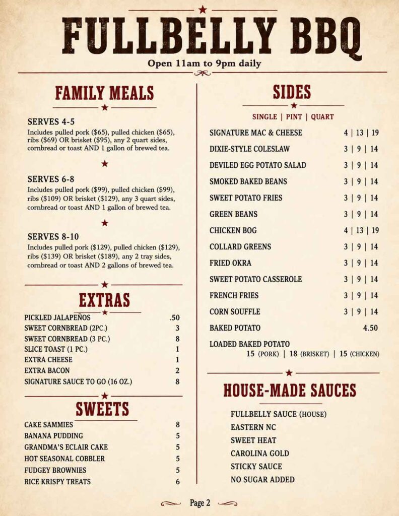 Vintage-style Fullbelly BBQ menu, page 2, with beige textured background and red headings. Includes family meals, sides, extras, sweets, and house-made sauces with item descriptions and prices.
