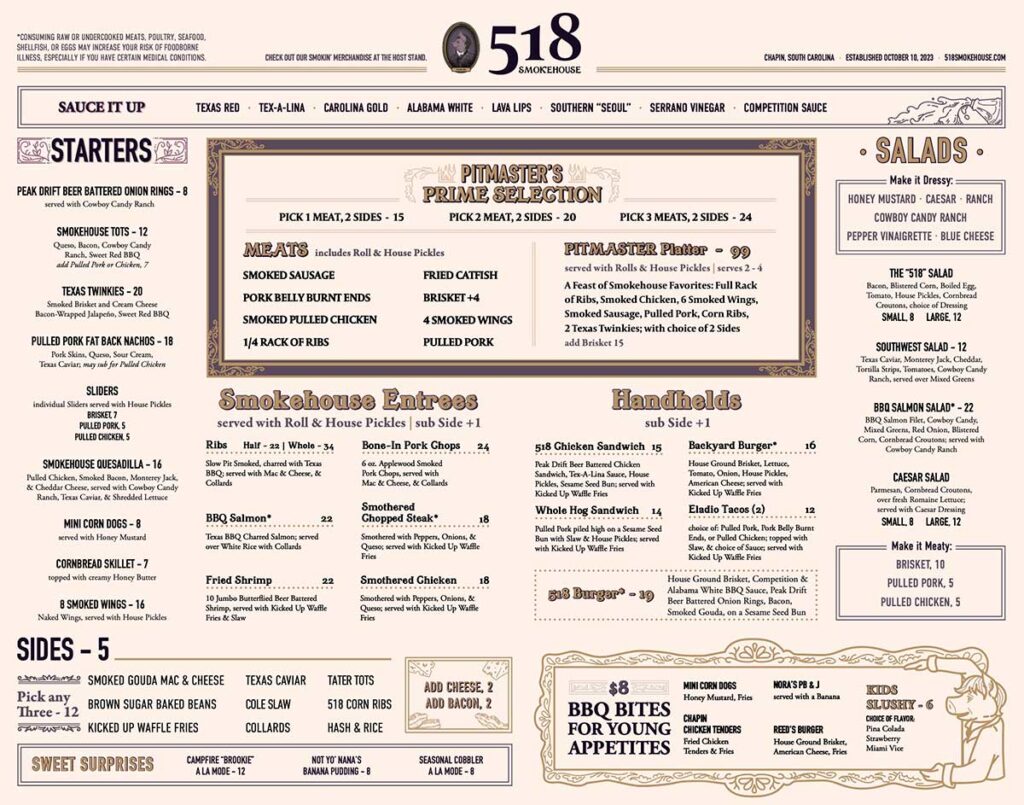 Front of menu at 518 Smokehouse in Chapin.