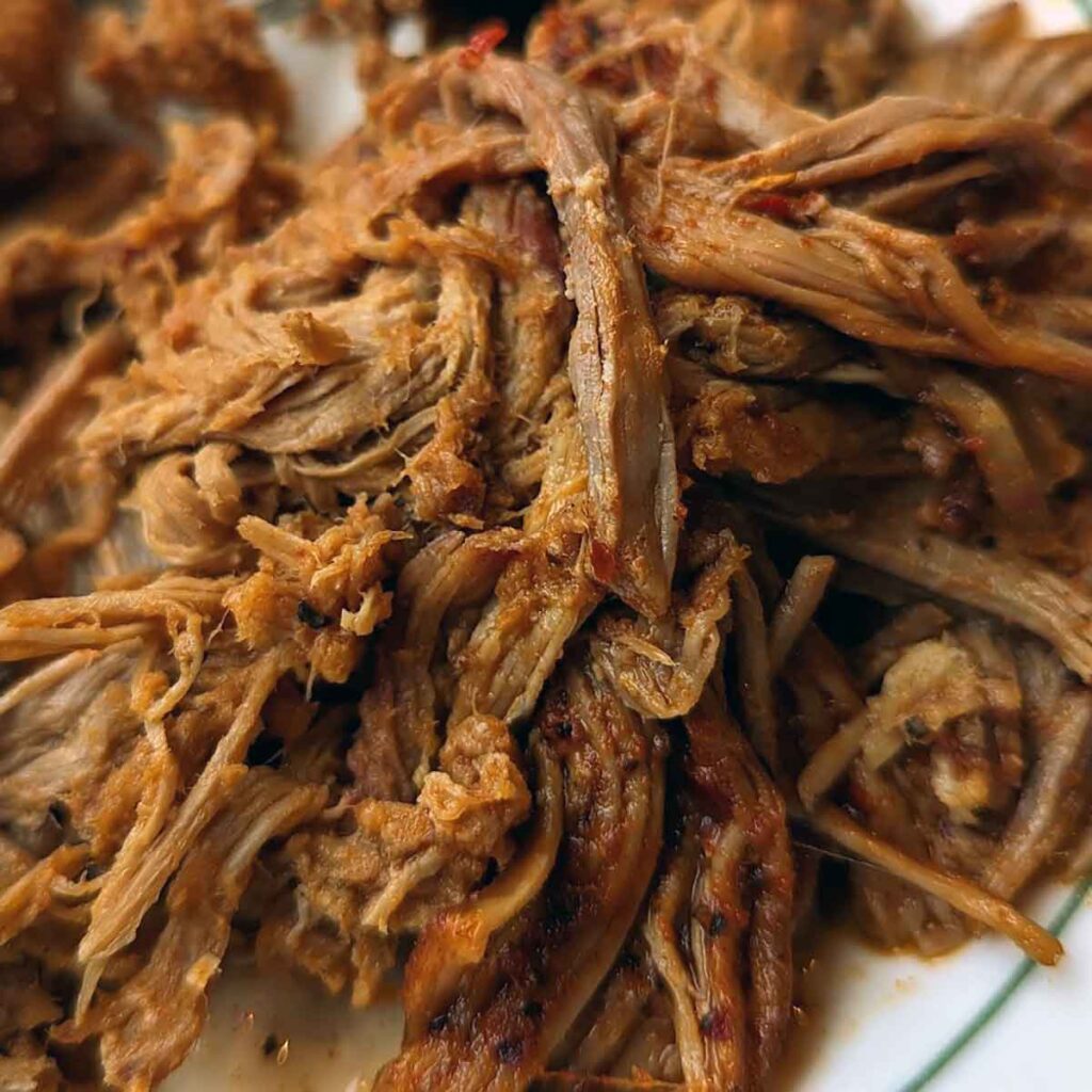 Closeup of pulled pork barbecue.