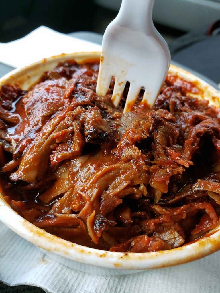 Closeup of fork in cup of heavily sauced meat.